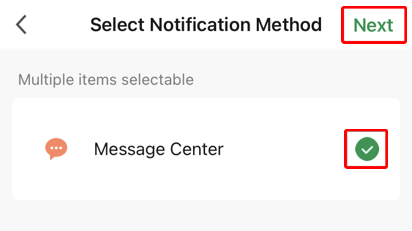 Select Notification Method screen